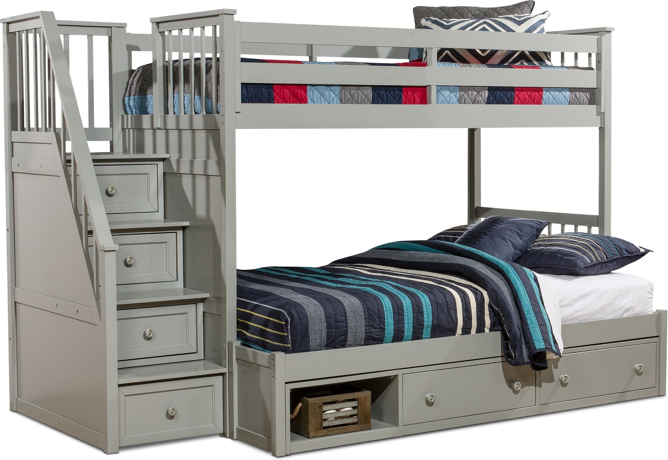 Undefined American Signature Furniture, Modernluxe Twin Over Full Wood Bunk Bed With Trundle And Storage Stairs