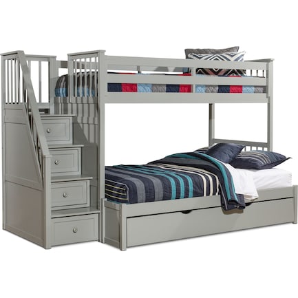 Flynn Twin over Full Trundle Bunk Bed with Storage Stairs - Gray