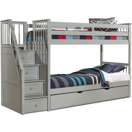 Flynn Twin over Twin Trundle Bunk Bed with Storage Stairs - Gray