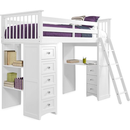 Flynn Twin Loft Bed with Desk and Chest - White
