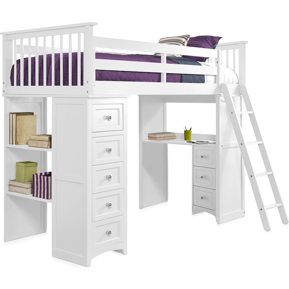 flynn youth white twin loft bed with desk and chest   