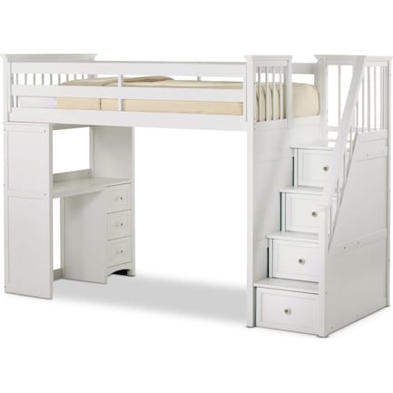 Flynn Twin Loft Bed with Storage Stairs and Desk- White
