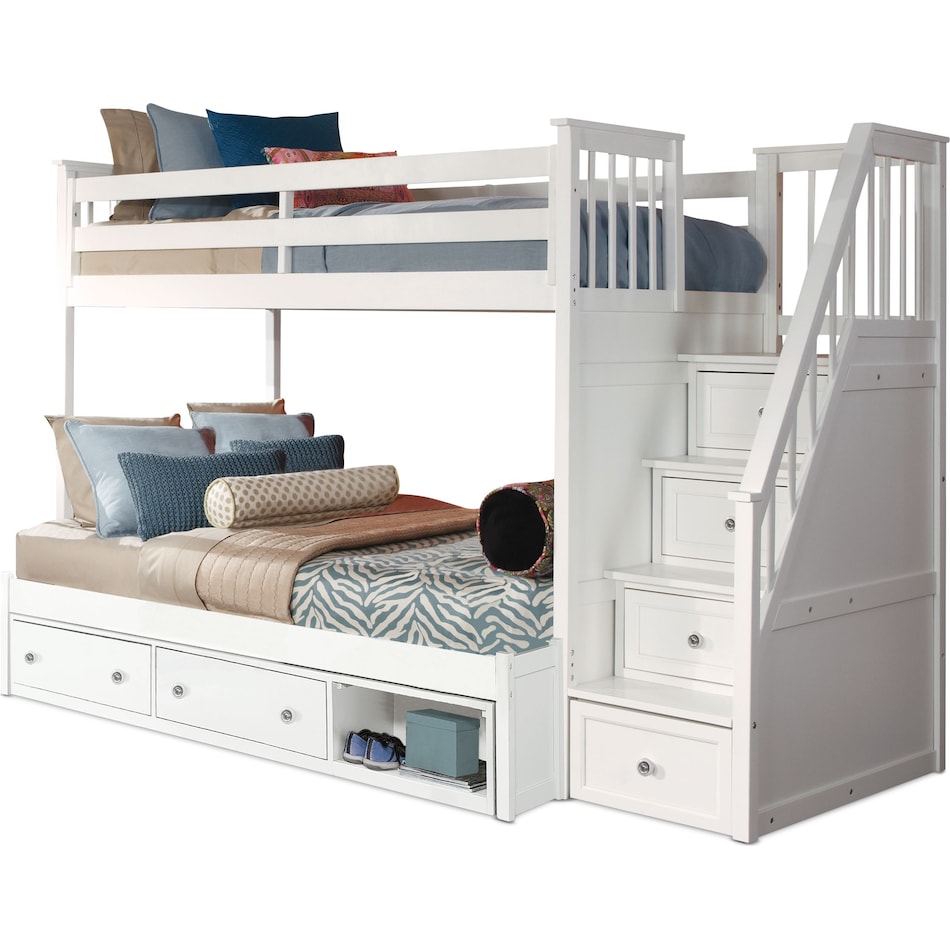 flynn youth white twin over full stair bunk bed with storage   