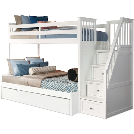 Flynn Twin over Full Trundle Bunk Bed with Storage Stairs - White