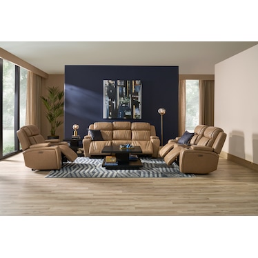 Forte Dual-Power Reclining Sofa, Loveseat with Cooling Console, and Recliner - Sand