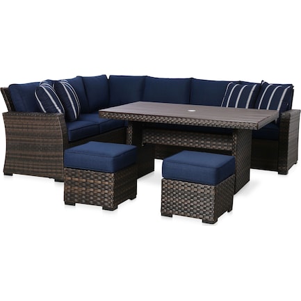 Geneva Outdoor Dining Table, Sectional and 2 Ottomans - Brown/Navy