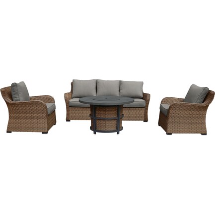 Grand Haven Outdoor Sofa, 2 Lounge Chairs and Fire Table