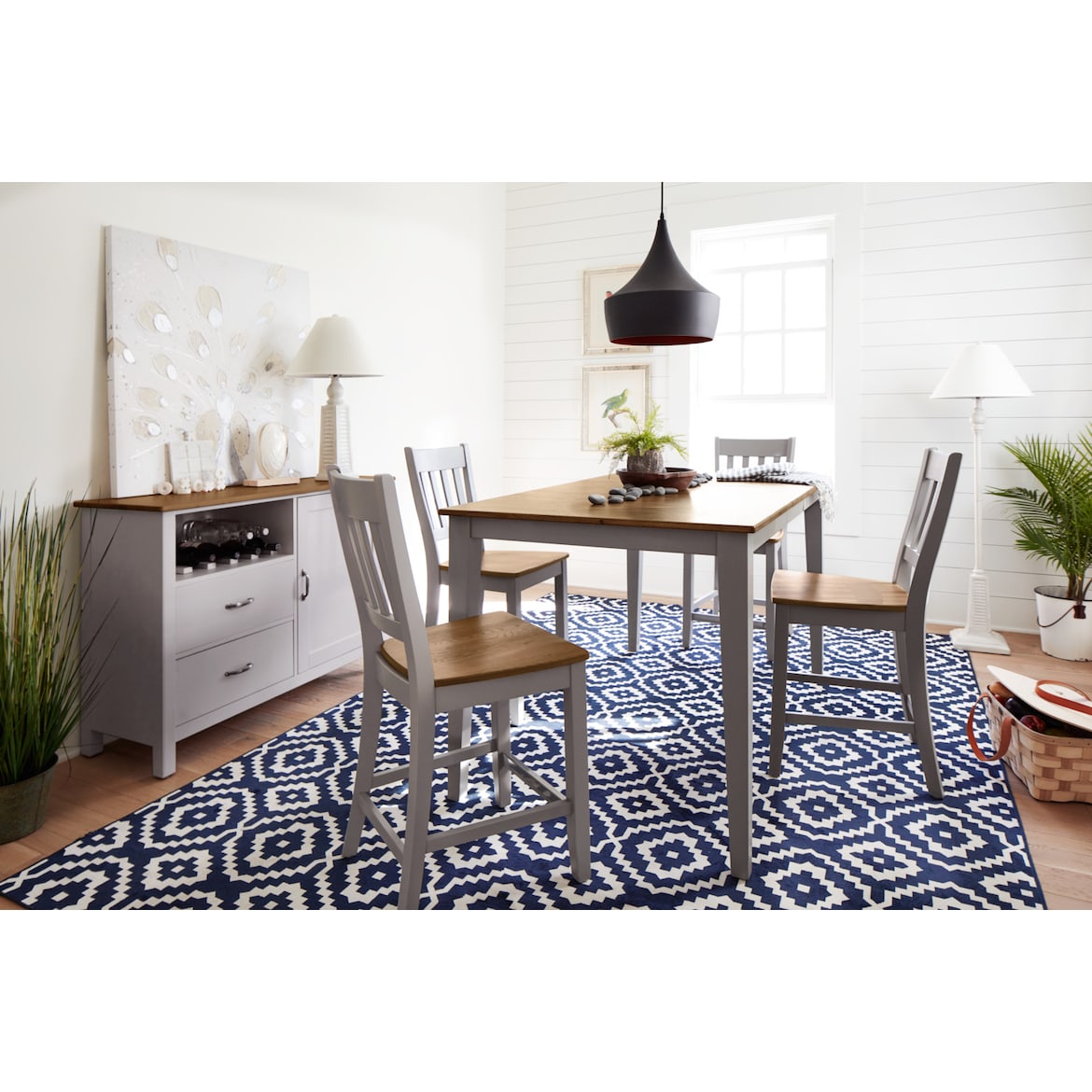 Nantucket CounterHeight Dining Table and 4 SlatBack Dining Chairs