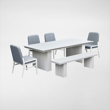 Halifax Outdoor Dining Table, 4 Upholstered Chairs and Bench