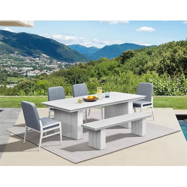 Halifax Outdoor Dining Table, 4 Upholstered Chairs and Bench