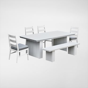 Halifax Outdoor Dining Table, 4 Panel Chairs and Bench