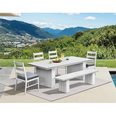 Halifax Outdoor Dining Table, 4 Panel Chairs and Bench