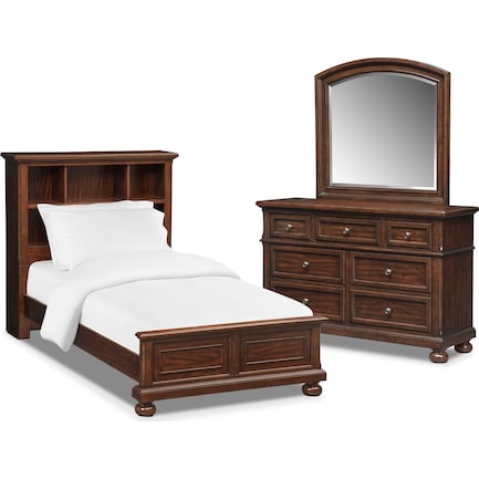 Hanover Youth 5-Piece Twin Bookcase Bedroom Set with Dresser and Mirror - Cherry