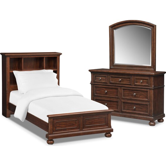Hanover Youth 6Piece Bookcase Storage Bedroom Set with Nightstand, Dresser and Mirror