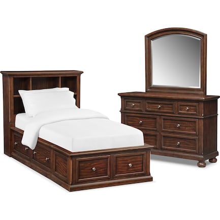 Hanover Youth 5-Piece Twin Bookcase Storage Bedroom Set with Dresser and Mirror - Cherry