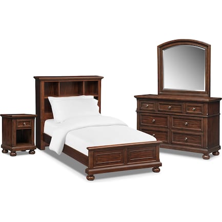 Hanover Youth 6-Piece Twin Bookcase Bedroom Set with Nightstand, Dresser and Mirror - Cherry