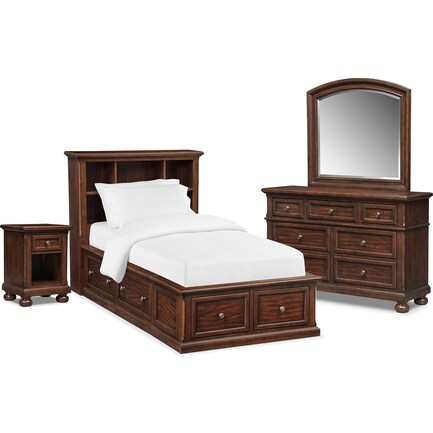 Hanover Youth 6-Piece Twin Bookcase Storage Bedroom Set with Nightstand, Dresser and Mirror - Cherry