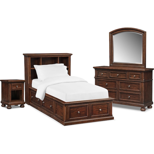 Bedroom Furniture - Hanover Youth 6-Piece Bookcase Storage Bedroom Set with Nightstand, Dresser and Mirror