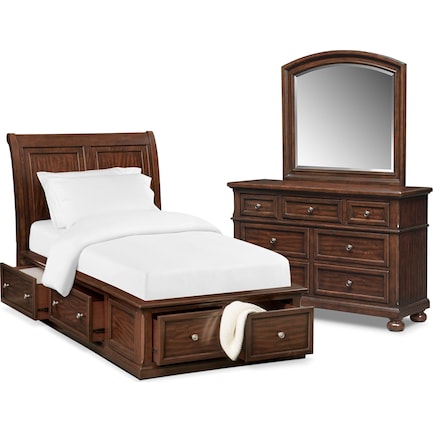 Hanover Youth 5-Piece Twin Sleigh Storage Bedroom Set with Dresser and Mirror - Cherry