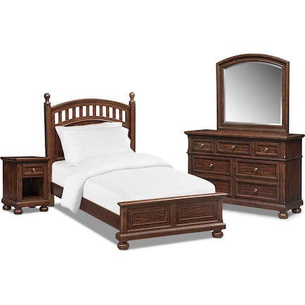 Hanover Youth 6-Piece Full Poster Bedroom Set with Nightstand, Dresser and Mirror - Cherry