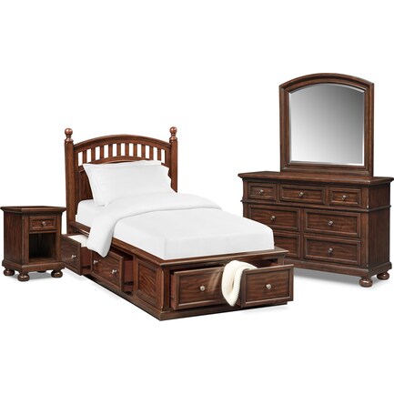 Hanover Youth 6-Piece Full Poster Storage Bedroom Set with Nightstand, Dresser and Mirror - Cherry