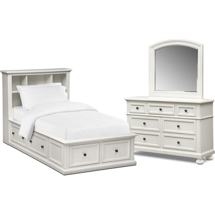 Hanover Youth 5-Piece Twin Bookcase Storage Bedroom Set with Dresser and Mirror - White