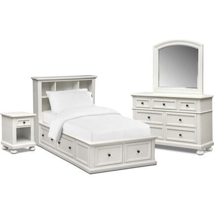 Hanover Youth 6-Piece Twin Bookcase Storage Bedroom Set with Nightstand, Dresser and Mirror - White