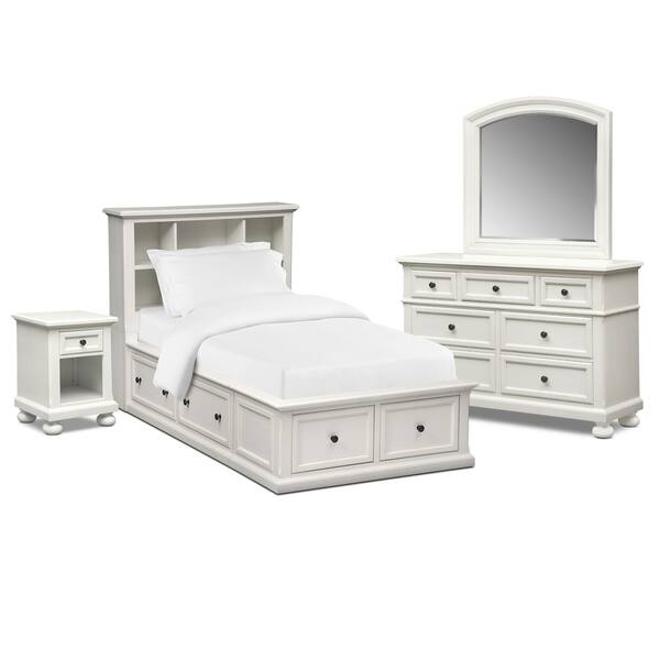 Hanover Youth 6Piece Bookcase Storage Bedroom Set with Nightstand, Dresser and Mirror