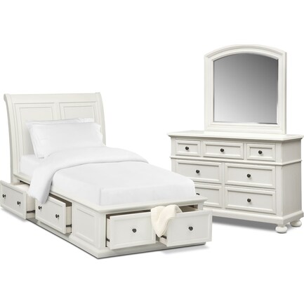 Hanover Youth 5-Piece Twin Sleigh Storage Bedroom Set with Dresser and Mirror - White