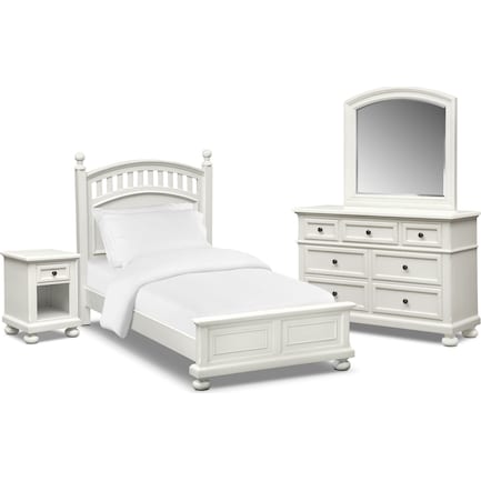 Hanover Youth 6-Piece Twin Poster Bedroom Set with Nightstand, Dresser and Mirror - White