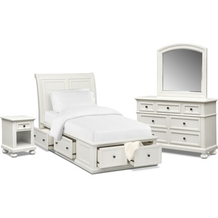 Hanover Youth 6-Piece Twin Sleigh Storage Bedroom Set with Nightstand, Dresser and Mirror - White