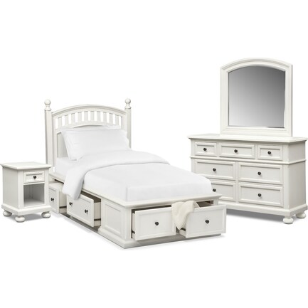 Hanover Youth 6-Piece Twin Poster Storage Bedroom Set with Nightstand, Dresser and Mirror - White