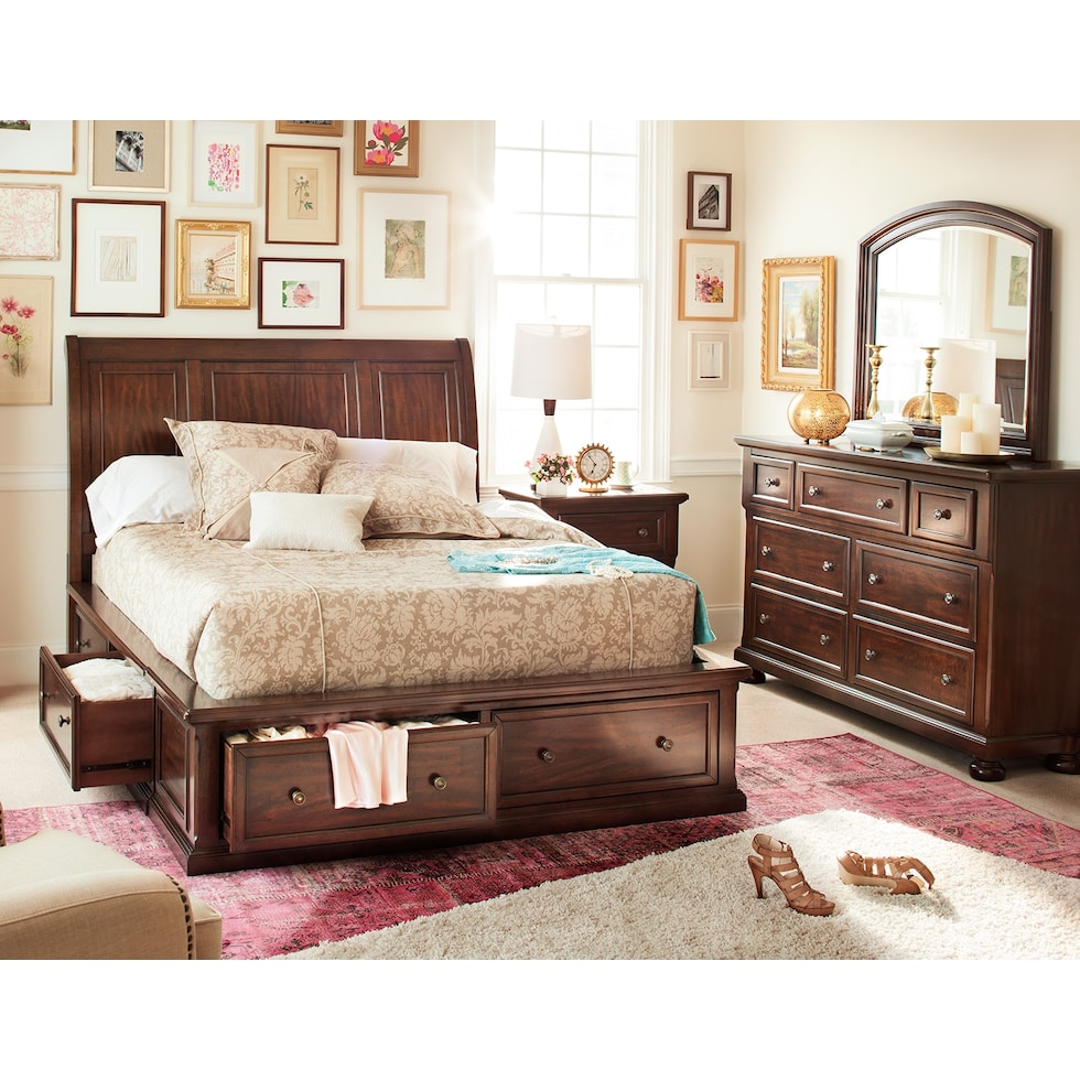 hanover dark brown  pc king storage bedroom   