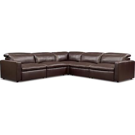 6 Piece Dual Power Reclining Sectional, Dark Brown Leather Recliner Sectional