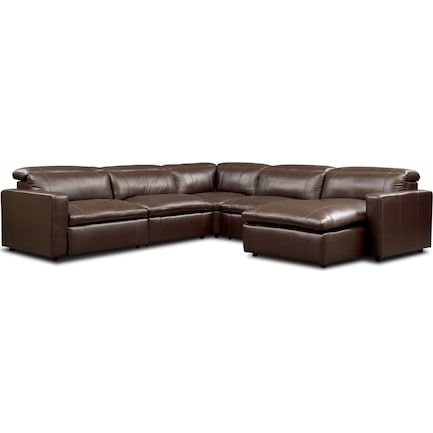 Happy 5-Piece Dual-Power Reclining Sectional with Right-Facing Chaise and 2 Reclining Seats - Brown