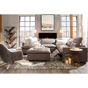 Happy 5-Piece Dual Power Reclining Sectional with Left-Facing Chaise and 2 Reclining Seats - Gray