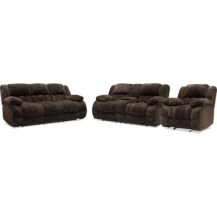 Harbor Park Manual Reclining Sofa, Loveseat with Console, and Recliner Set - Brown