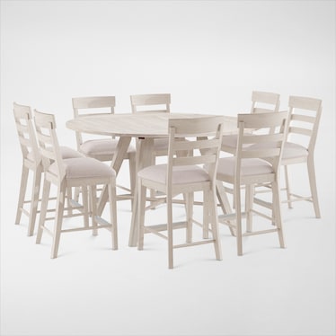 Hayward Solid Wood Convertible Counter-Height Dining Table & 8 Ladder-Back Stools - White
