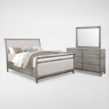 Hazel 5-Piece Upholstered Bedroom Set with Dresser and Mirror