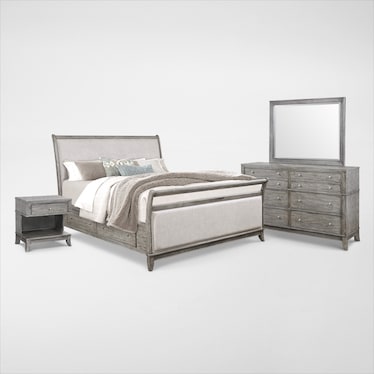 Hazel 6-Piece Upholstered Bedroom Set with 1-Drawer Nightstand, Dresser and Mirror