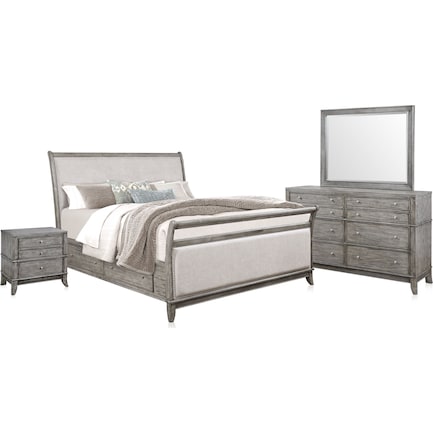 Hazel 6-Piece Queen Upholstered Bedroom Set with 2-Drawer Nightstand, Dresser and Mirror - Gray