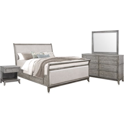 Hazel 6-Piece Queen Upholstered Bedroom Set with 1-Drawer Nightstand, Dresser and Mirror - Gray