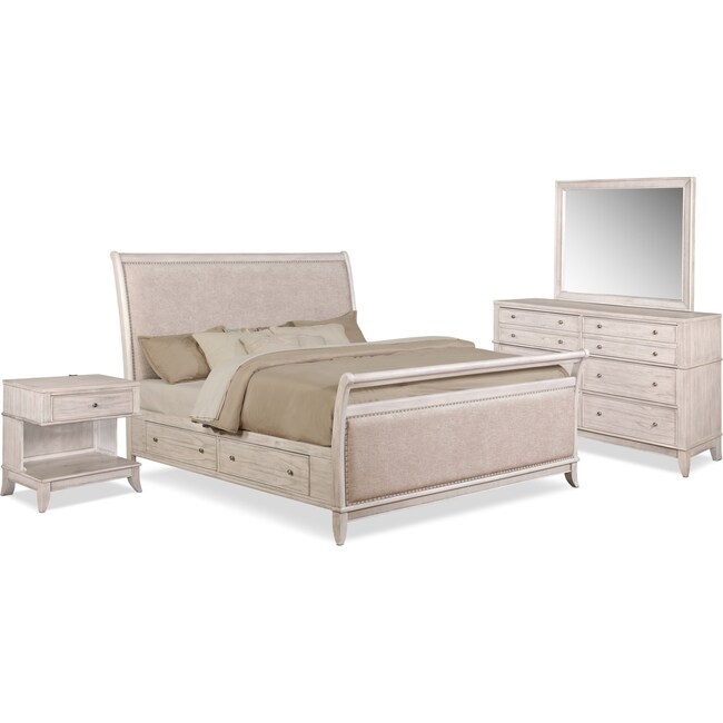 Bedroom Furniture - Hazel 6-Piece Upholstered Bedroom Set with 1-Drawer Nightstand, Dresser and Mirror