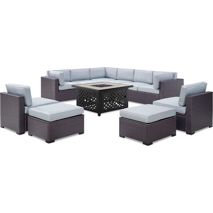 Isla 3-Piece Outdoor Sectional, 2 Armless Chairs, 2 Ottomans, and Fire Table - Mist