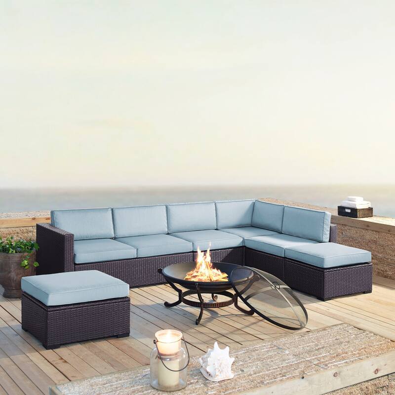 Isla 3Piece Outdoor Sectional, Fire Pit and 2 Ottomans Mist American Signature Furniture