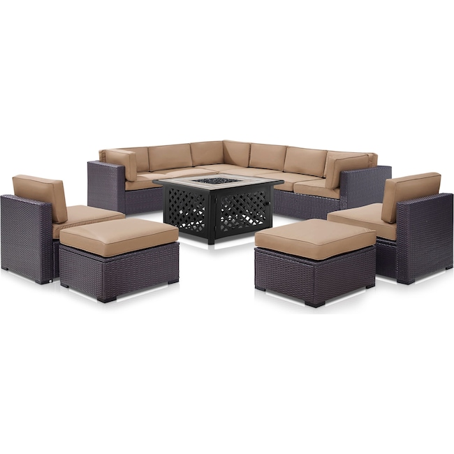 Outdoor Furniture - Isla 3-Piece Outdoor Sectional, 2 Armless Chairs, 2 Ottomans and Fire Table Set