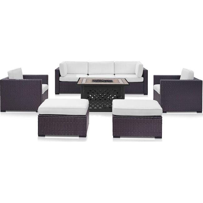 Outdoor Furniture - Isla 2-Piece Outdoor Sofa, 2 Armchairs, 2 Ottomans, and Fire Table
