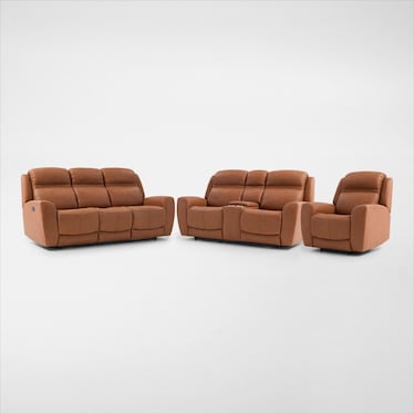 Kenyon Manual Reclining Sofa, Loveseat with Console, and Recliner Set