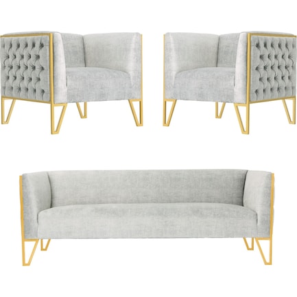 Knightley Sofa and 2 Accent Chairs - Grey/Gold