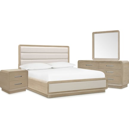 Laguna 6-Piece Upholstered Bedroom Set with Dresser, Mirror and Charging Nightstand